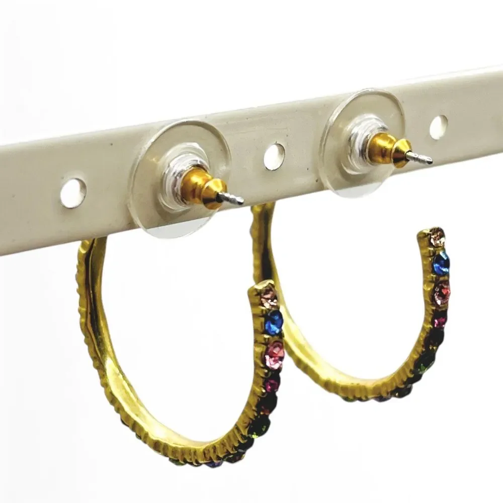 Multi Color Rhinestone Hoops Earrings Gold Tone Colorful Pierced Fashion Jewelry